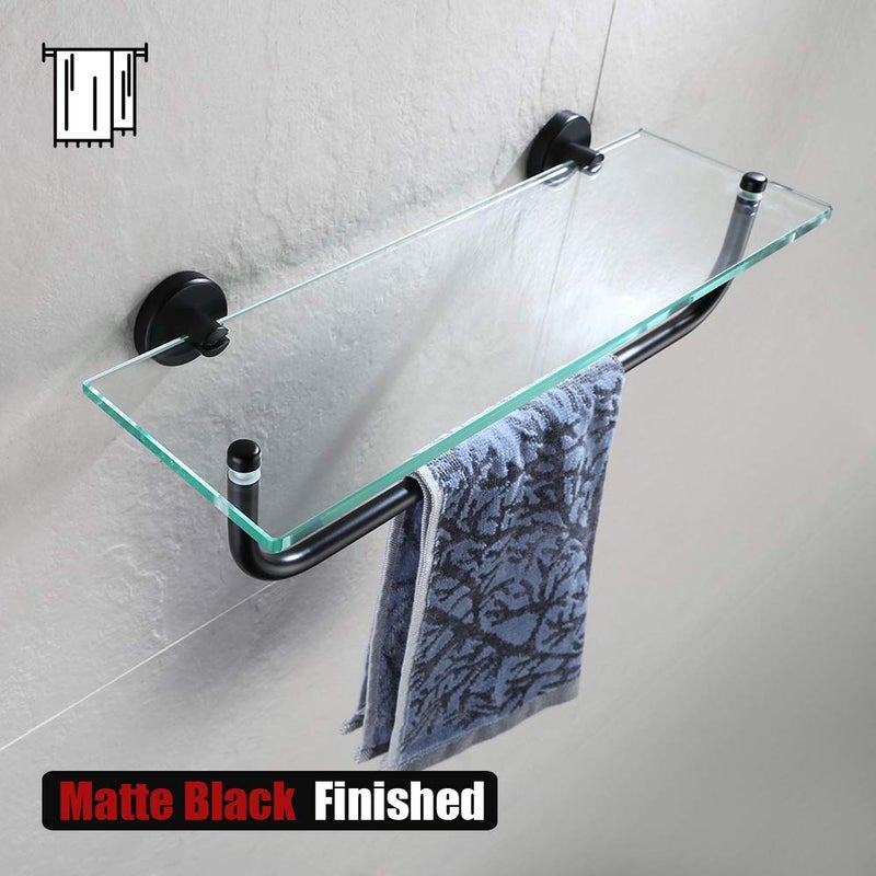 JQK Bathroom Glass Shelf, Shelf with 15 Inch Towel Bar Tempered Glass Shower Storage 16 by 5 inches, 304 Stainless Steel Matte Black Wall Mount, TGS100-PB - Image 5
